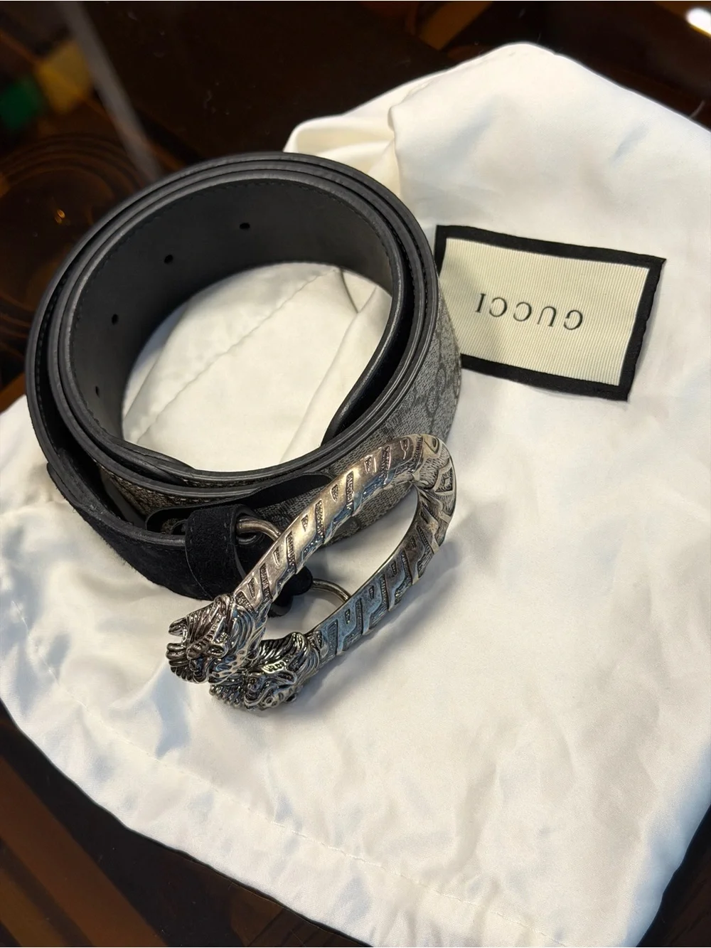 Gucci Black Suede & Gray GG Canvas Belt with Double Snake Buckle